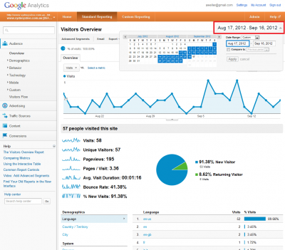 Google Analytics Date Range: "Standard Reporting" -> Audience -> Overview: Date Range